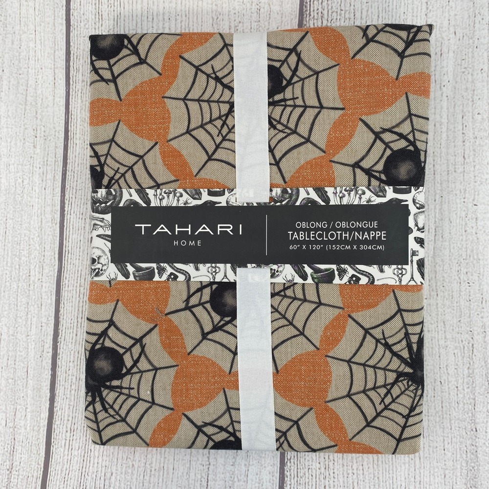 Tahari Home Tablecloth Halloween 60x120 Oblong Beige Orange Spider Web Metallic